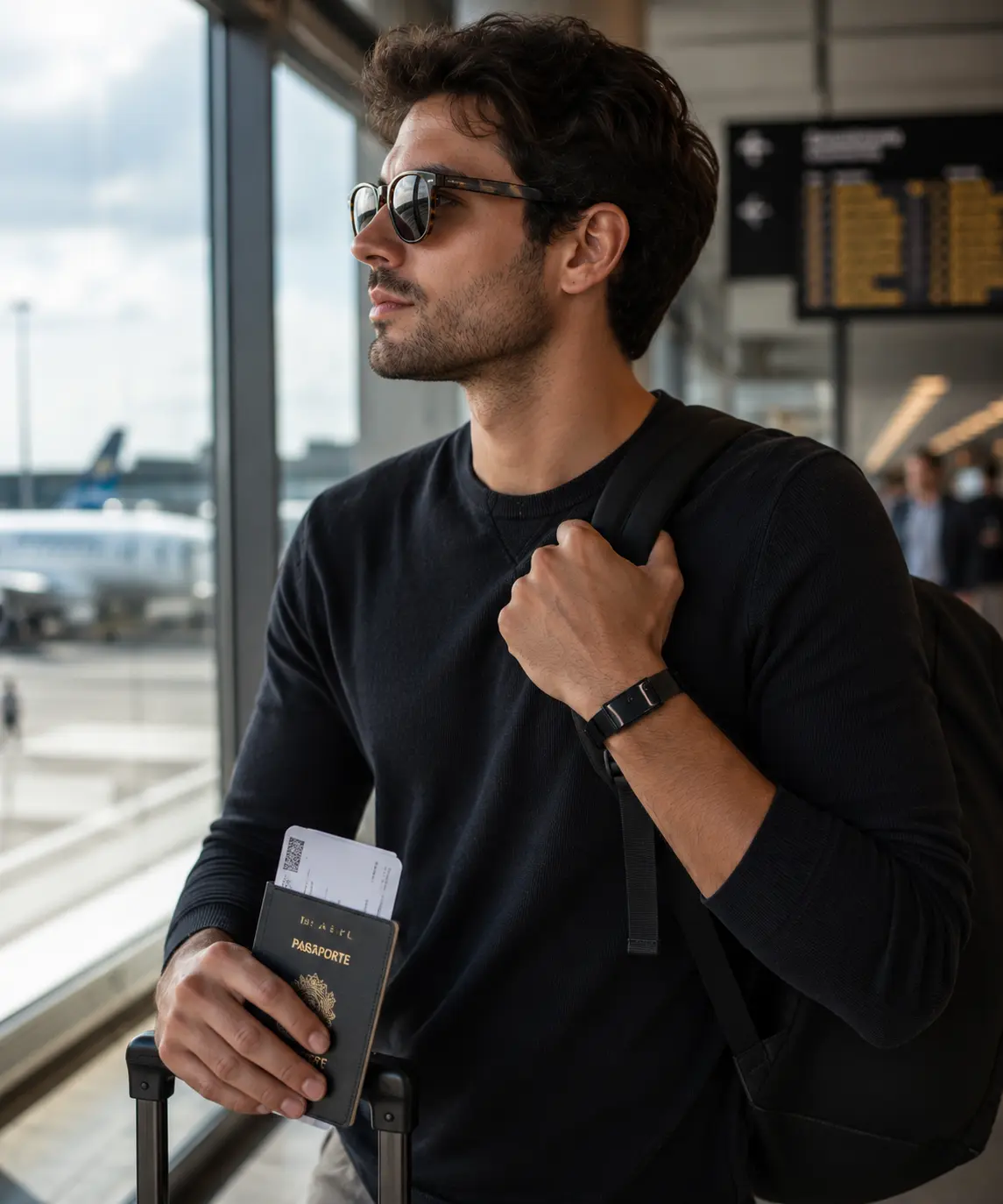 Homem usando a AromaPulse no aeroporto durante uma viagem
